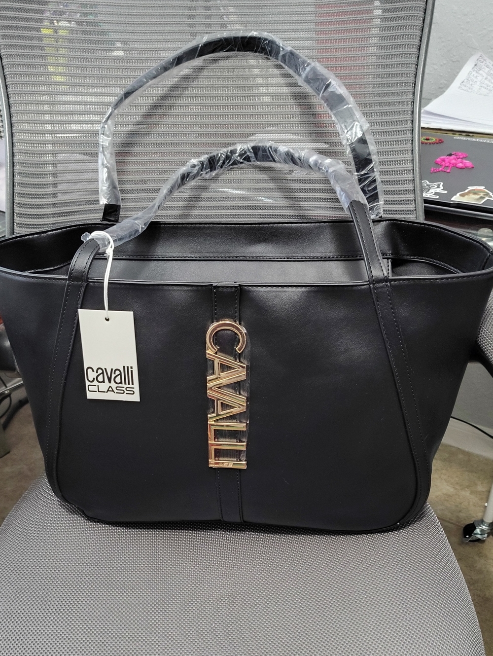 Brand New Cavalli Class Large Black Tote with Gold Decorative Logo
